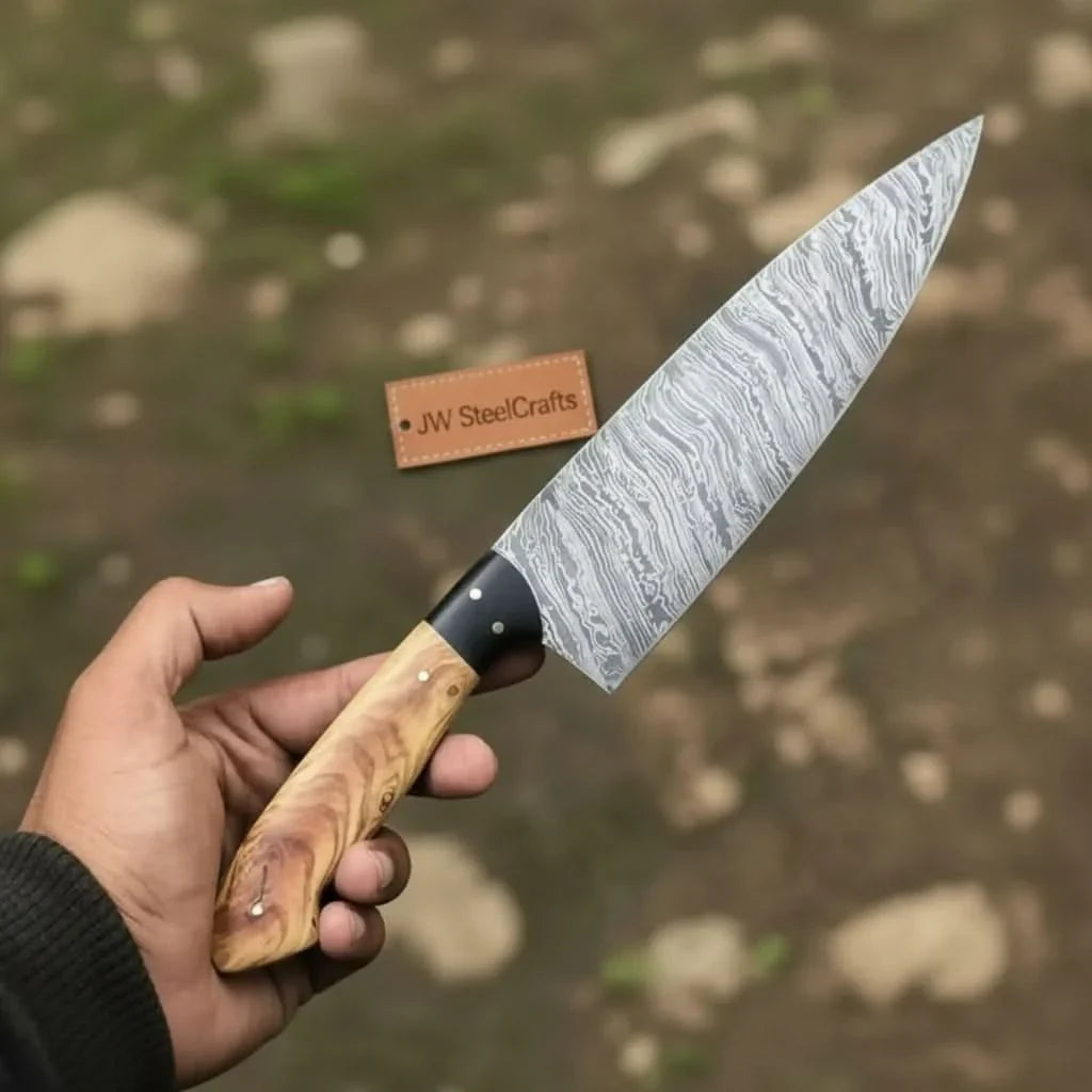 13-Inch Fire Pattern Damascus Chef Knife — Olive Wood Handle, Brass Pins & Dark Bolster | JW Steel Crafts by JW SteelCrafts, Damascus knife main product photo