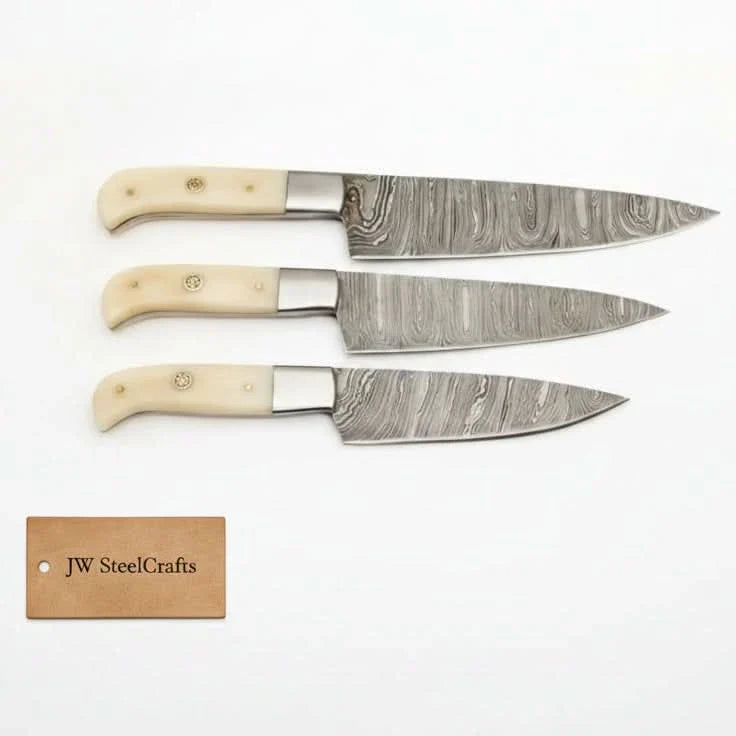 Handmade Damascus 3-Piece Kitchen Knife Set with Bone Handles, Slicing Carving and Chef Knives by JW SteelCrafts, Damascus knife main product photo