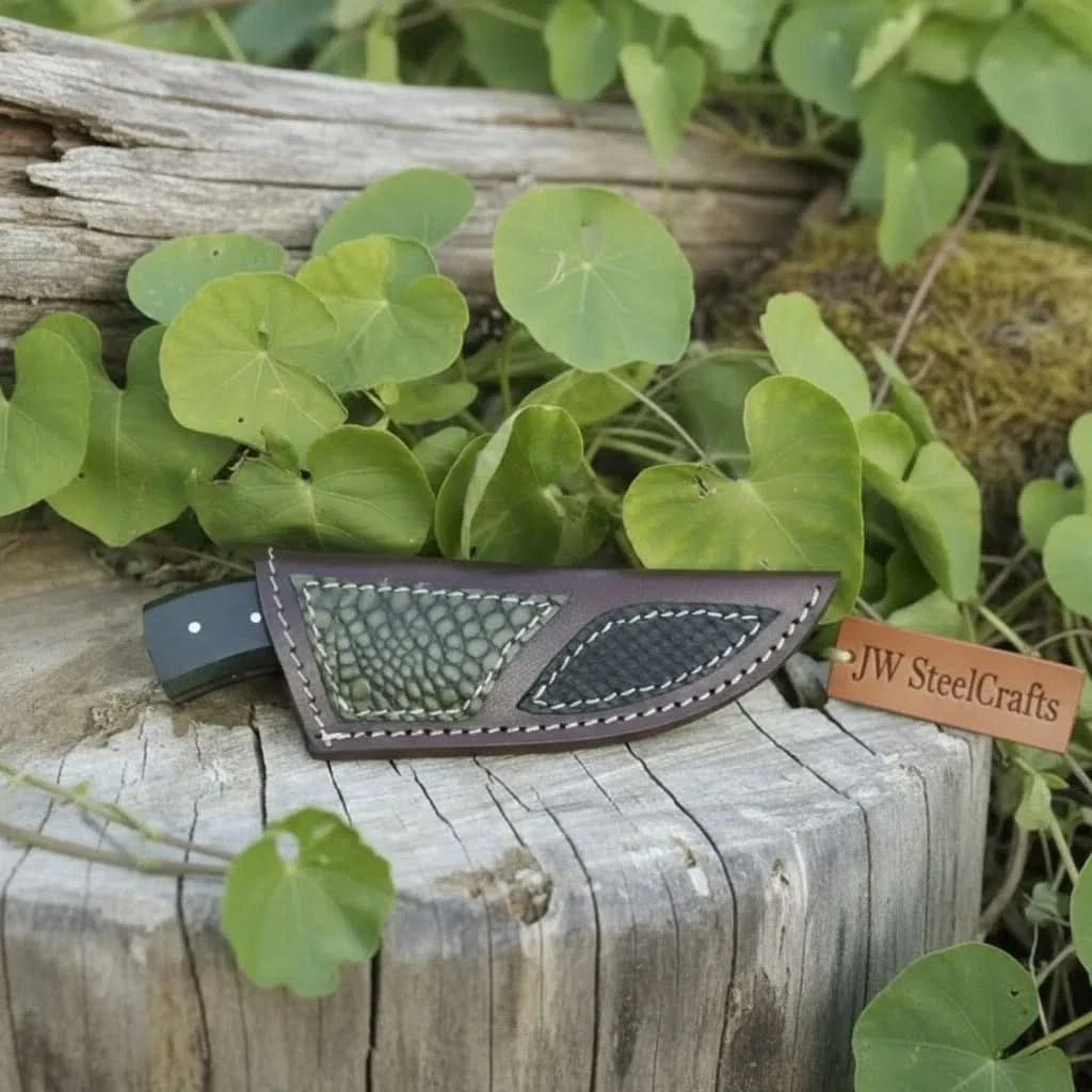 Damascus Skinner Knife Green Black Micarta Handle 3 Inch Blade by JW SteelCrafts, Damascus knife detail photo 2