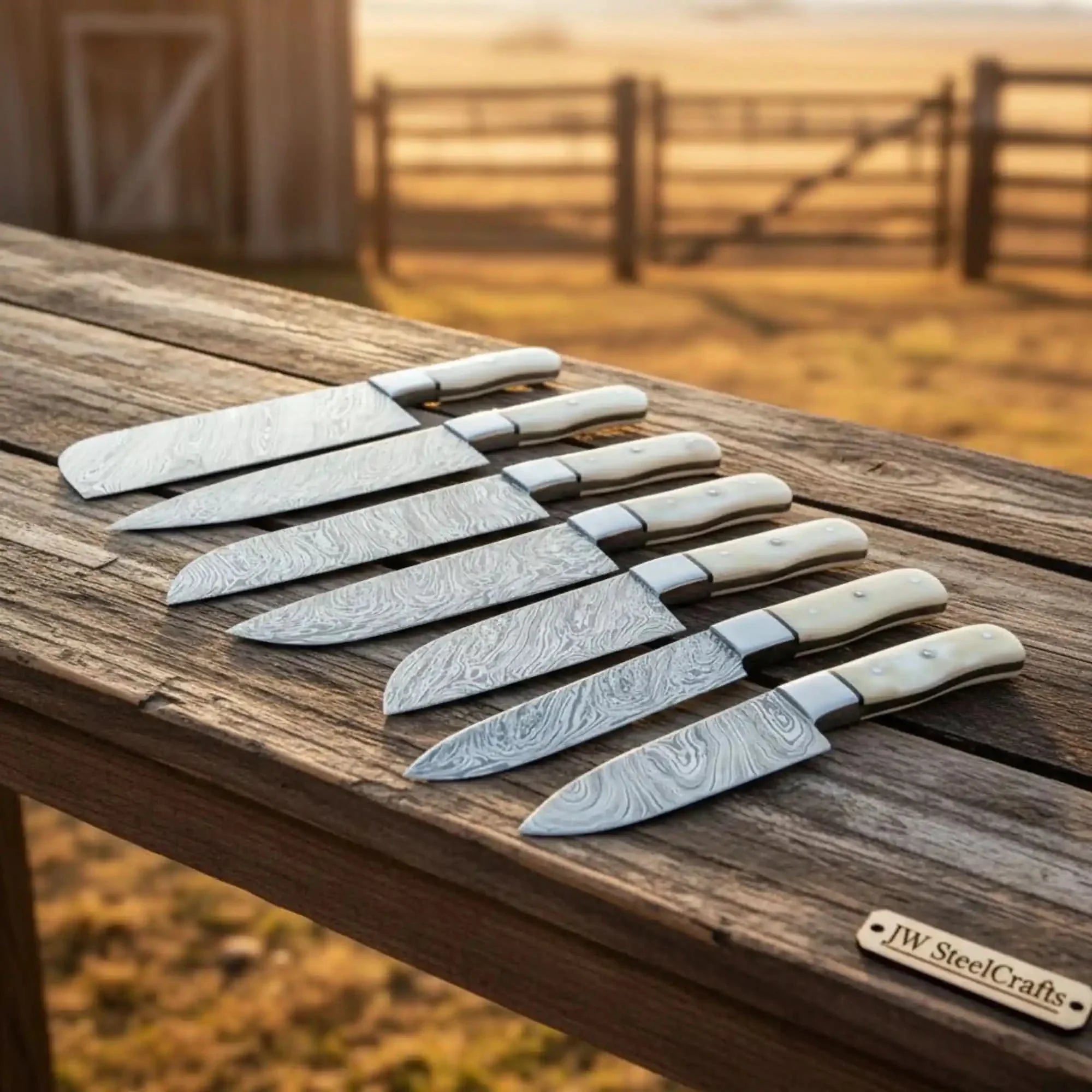 7-Piece Handmade Damascus Steel Kitchen Knife Set – Camel Bone Handles | Chef, Santoku, Slicer, Utility, Boning, Paring & Petty by JW SteelCrafts, Damascus knife main product photo