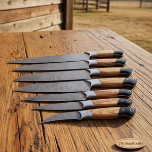 8-Piece Damascus Fillet & Precision Utility Knife Set — Olive Wood & Black Resin Handles, Full Tang with Steel Bolster
