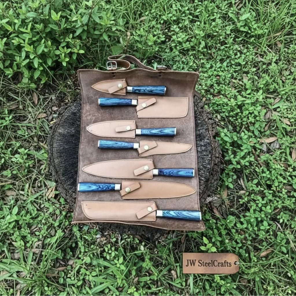 Professional Damascus Kitchen Knife Set 7 Piece Blue Stabilized Wood Handle Handmade Chef Knife Collection JW SteelCrafts by JW SteelCrafts, Damascus knife detail photo 2