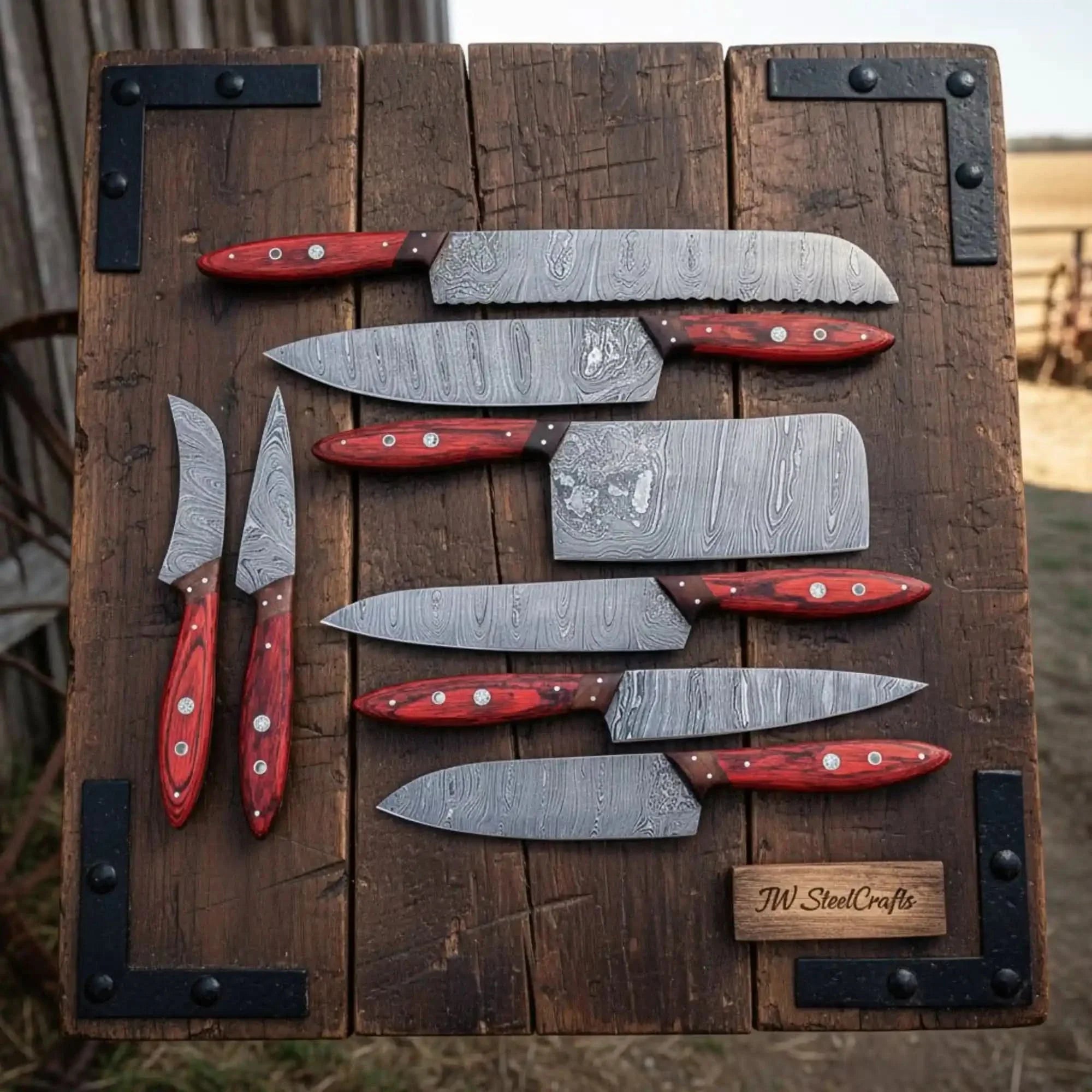 Damascus Kitchen Knife Set of 8, Hand-Forged with Red Pakka Handles by JW SteelCrafts, Damascus knife main product photo