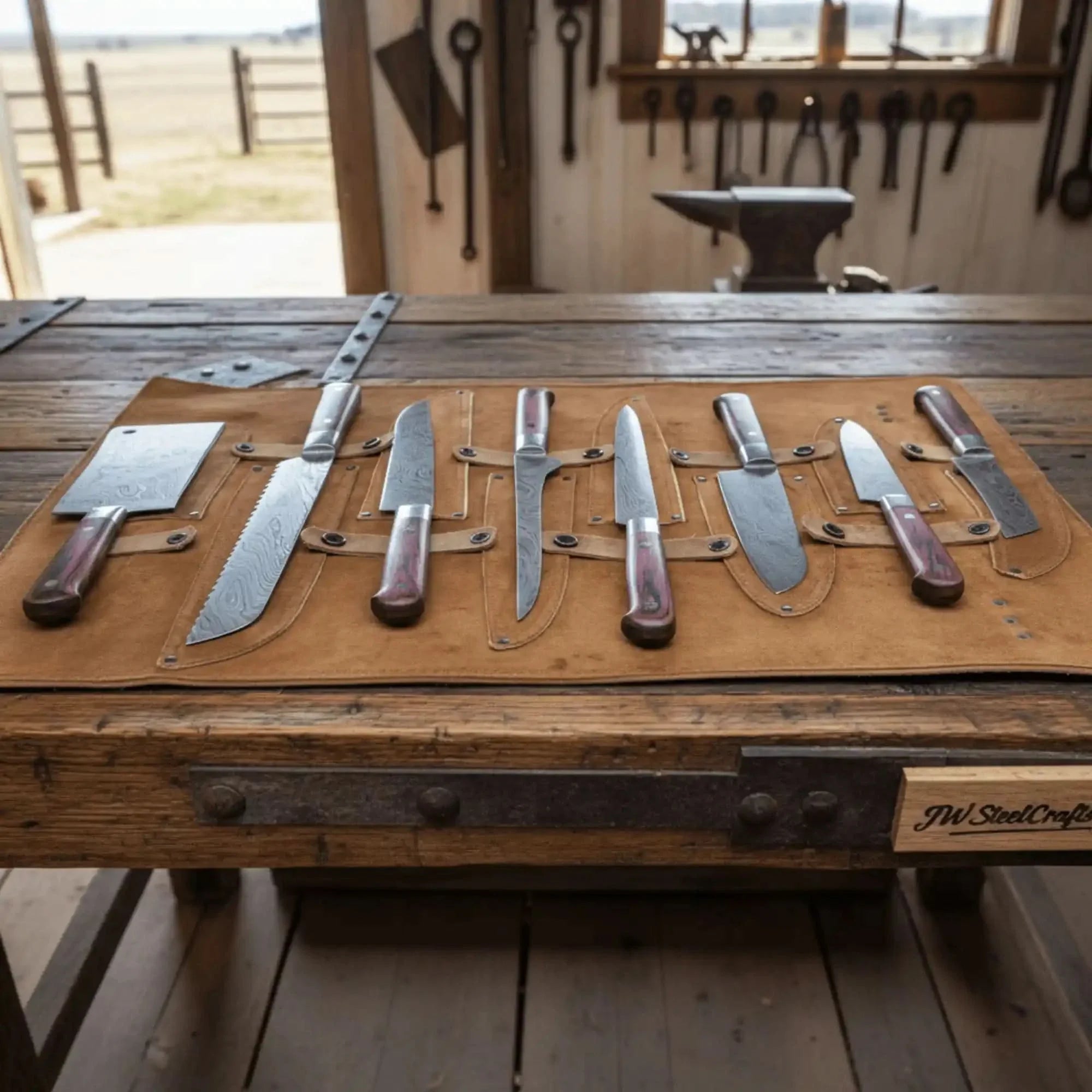 8-Piece Damascus Kitchen Knife Set — Red Pakka Wood Handles detail view by JW SteelCrafts