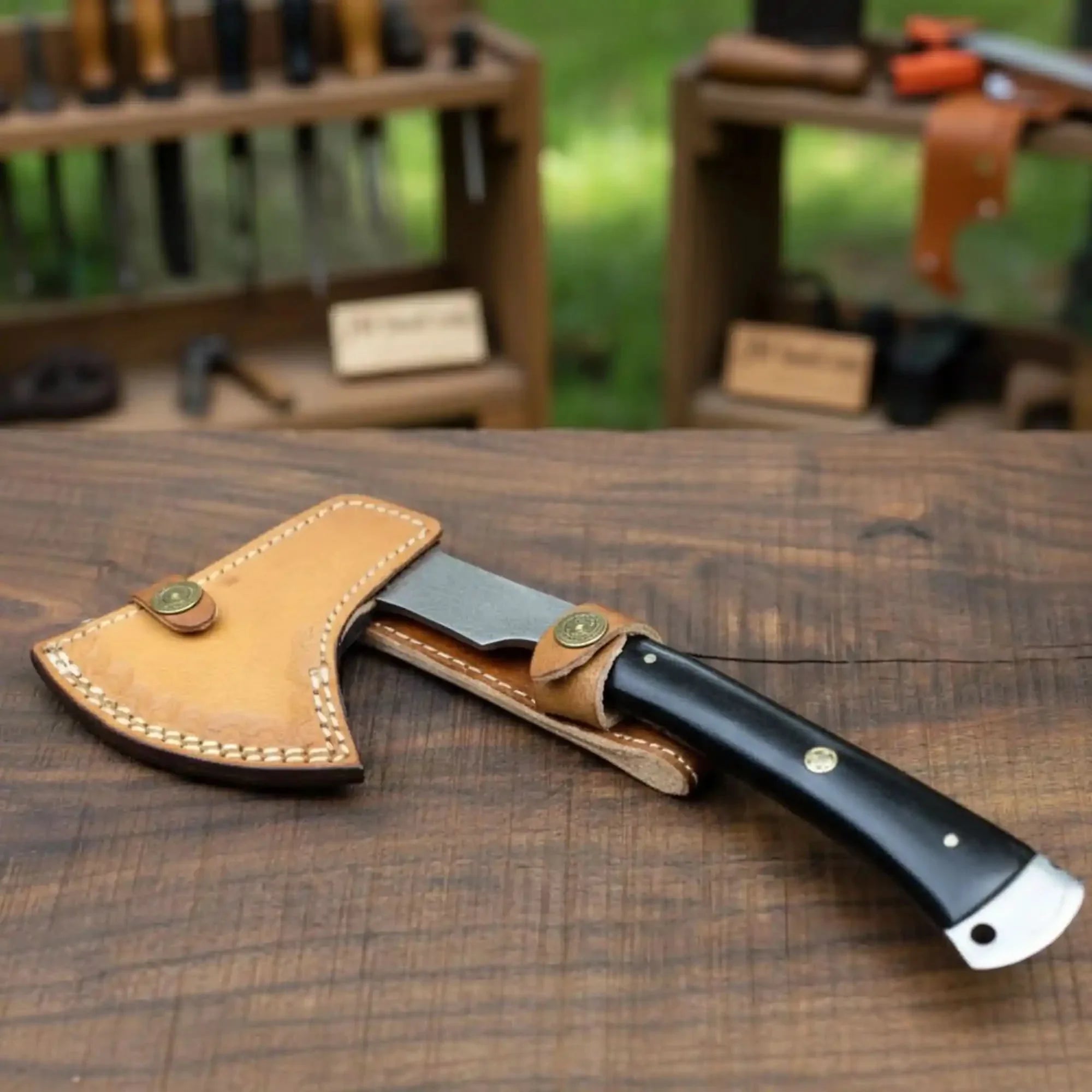 Hand-Forged Bearded Camp Hatchet with Hardwood Handle and Leather Sheath by JW SteelCrafts, leather knife sheath detail photo 2