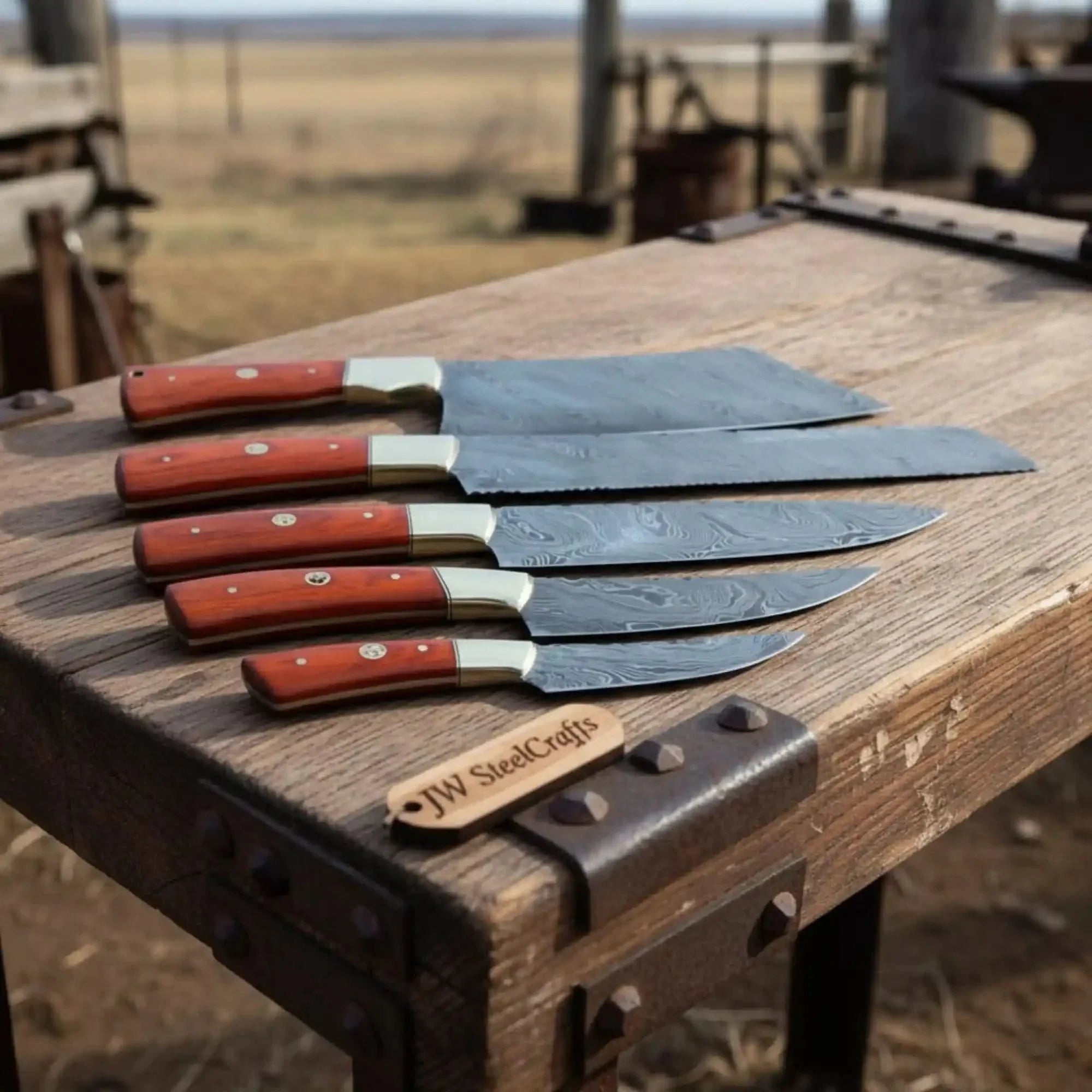 5 Piece Damascus Kitchen Knife Set with Rosewood Handles, Cleaver Bread Chef Utility and Paring Knives, Handmade Professional Cooking Set by JW SteelCrafts, Damascus knife main