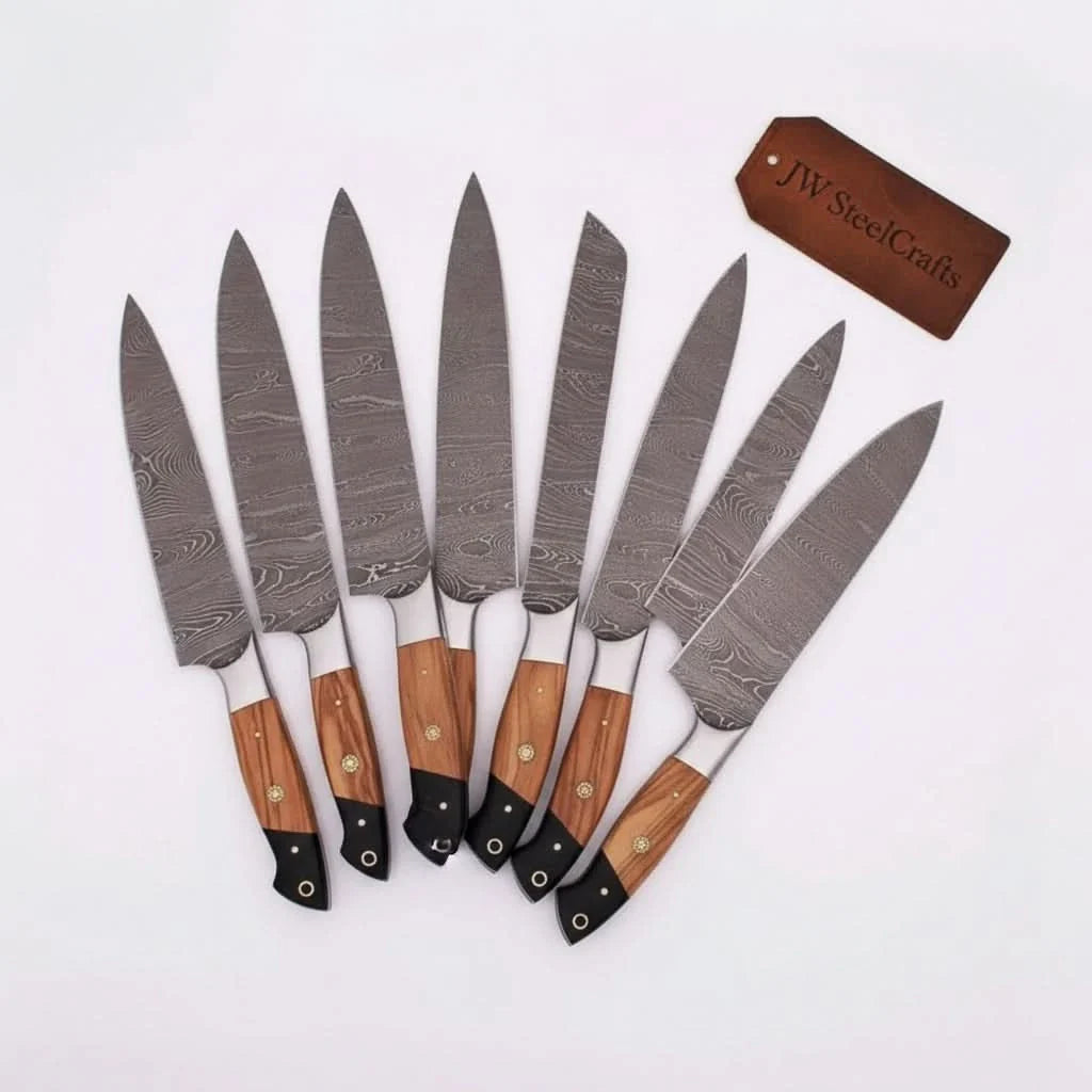 Handmade Damascus Knife Set, Olive Wood & Resin Handle by JW SteelCrafts, Damascus knife detail photo 2