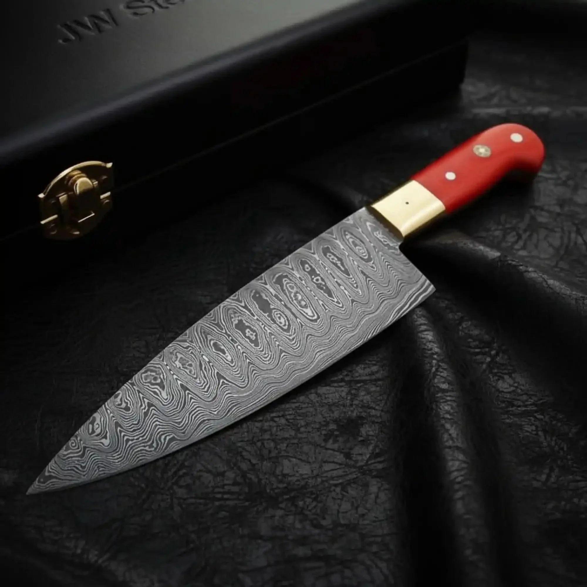 Premium Chef Knife Damascus Steel Blade| Red Handle Professional Gyuto Style by JW SteelCrafts