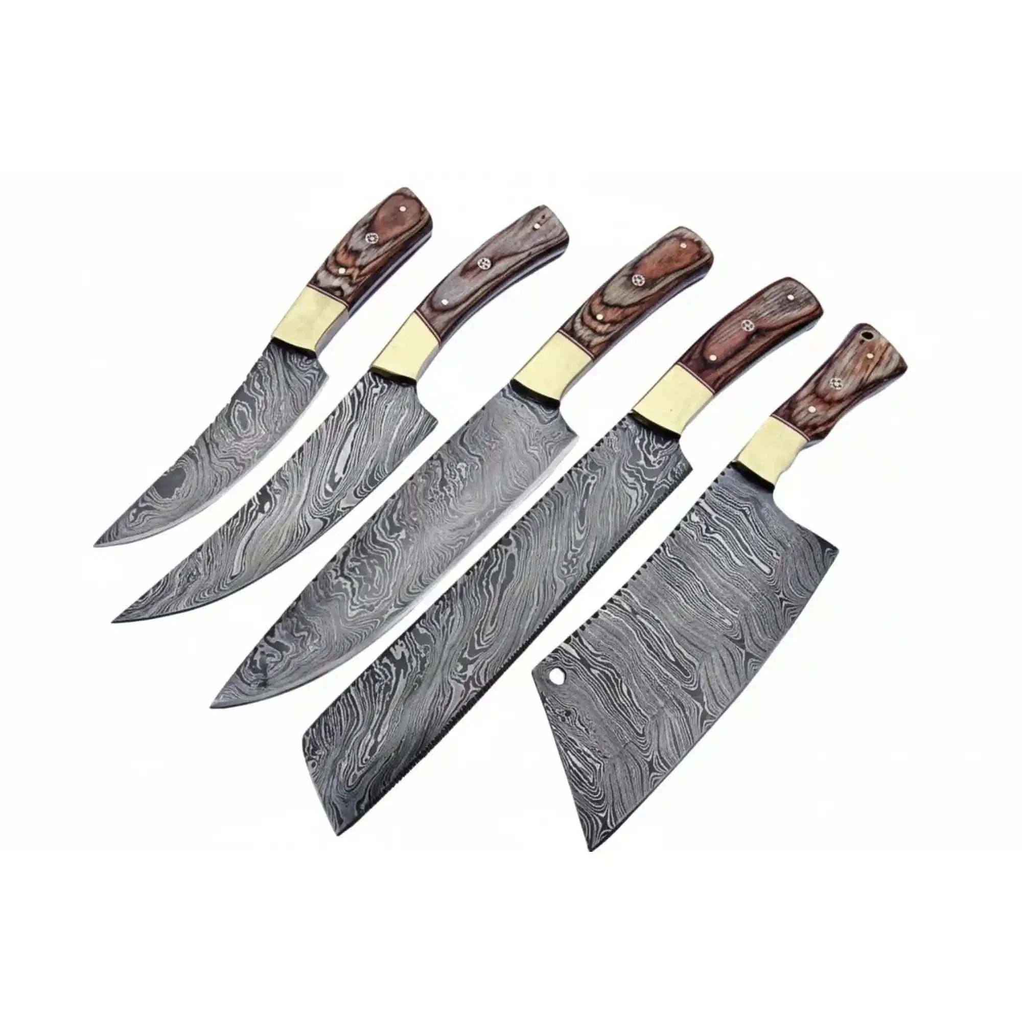 Handmade Damascus Kitchen Knife Set of 5 with Full Tang Wood Handles by JW SteelCrafts, Damascus knife detail photo 2