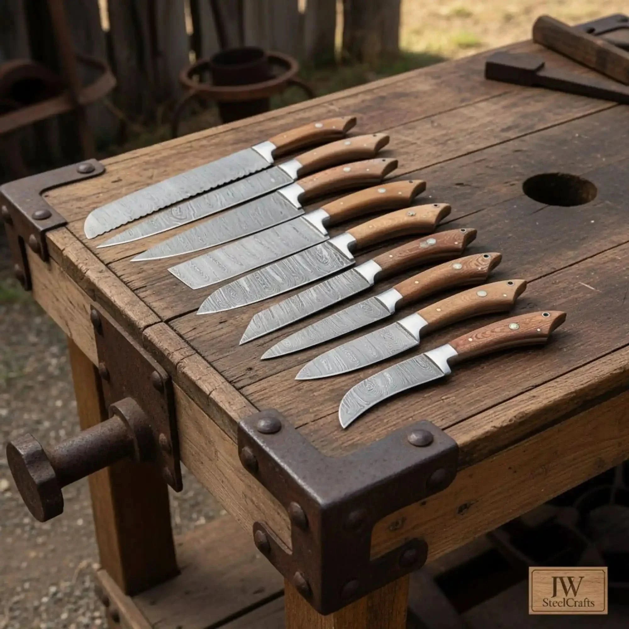 9-Piece Handmade Damascus Kitchen Knife Set with Japanese Blade Profiles and Walnut Wood Handles by JW SteelCrafts, Damascus knife main product photo