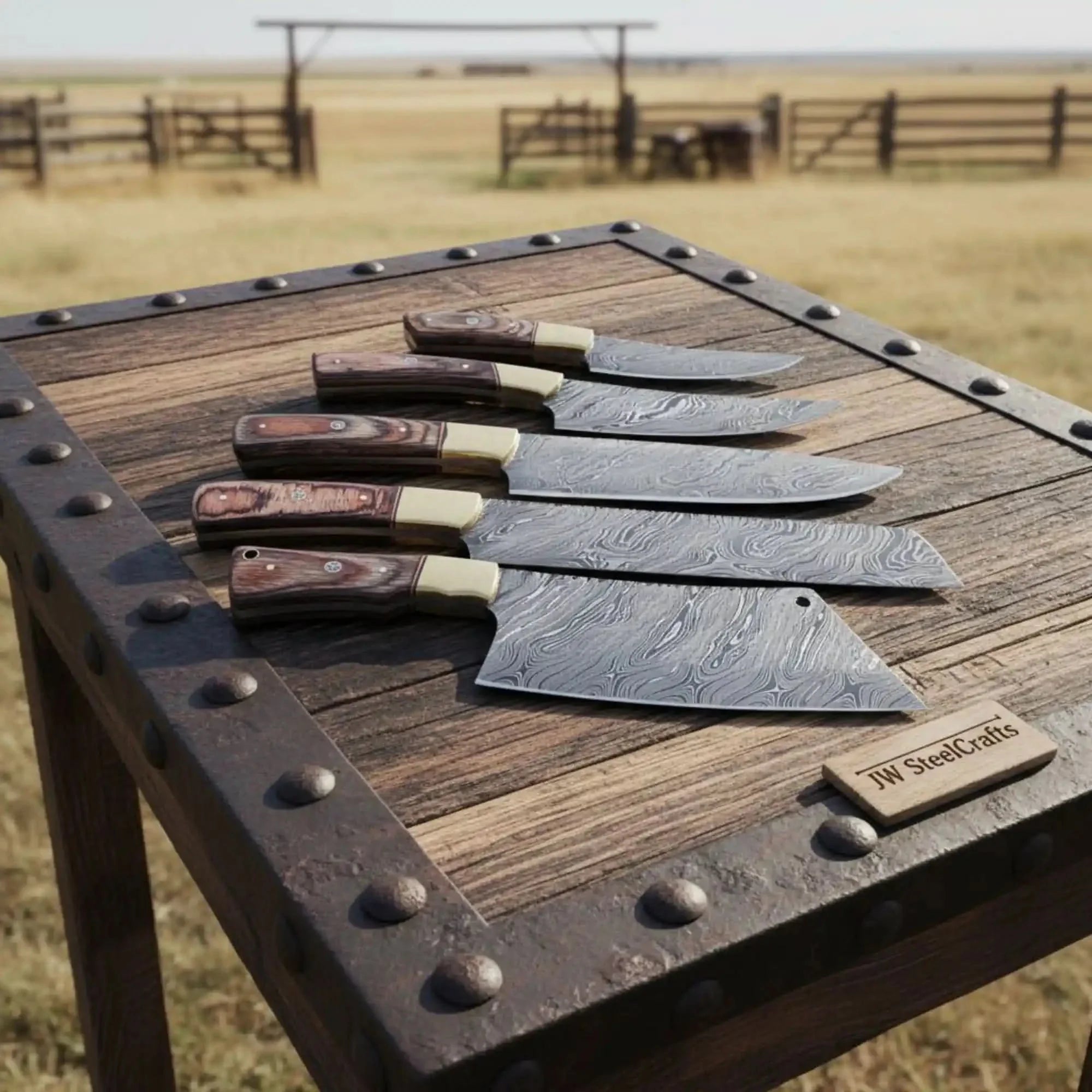 Handmade Damascus Kitchen Knife Set of 5 with Full Tang Wood Handles by JW SteelCrafts, Damascus knife main product photo