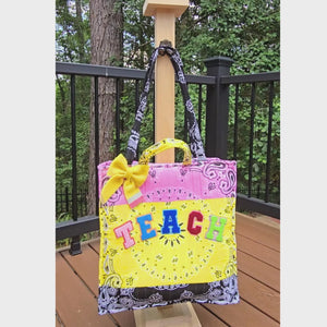 Teacher Bandana Tote Bag, Personalized Teacher Gift, Handmade School Tote, Pink Yellow Patchwork Bag, Back to School Gift