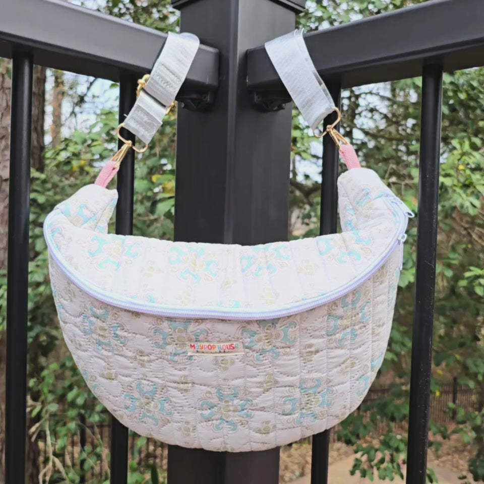 Quilted Bum Bag, Vintage Quilt Sling Bag, Upcycled Quilt Crossbody, Crescent Belt Bag, Cottagecore Purse, Handmade Quilted Bag