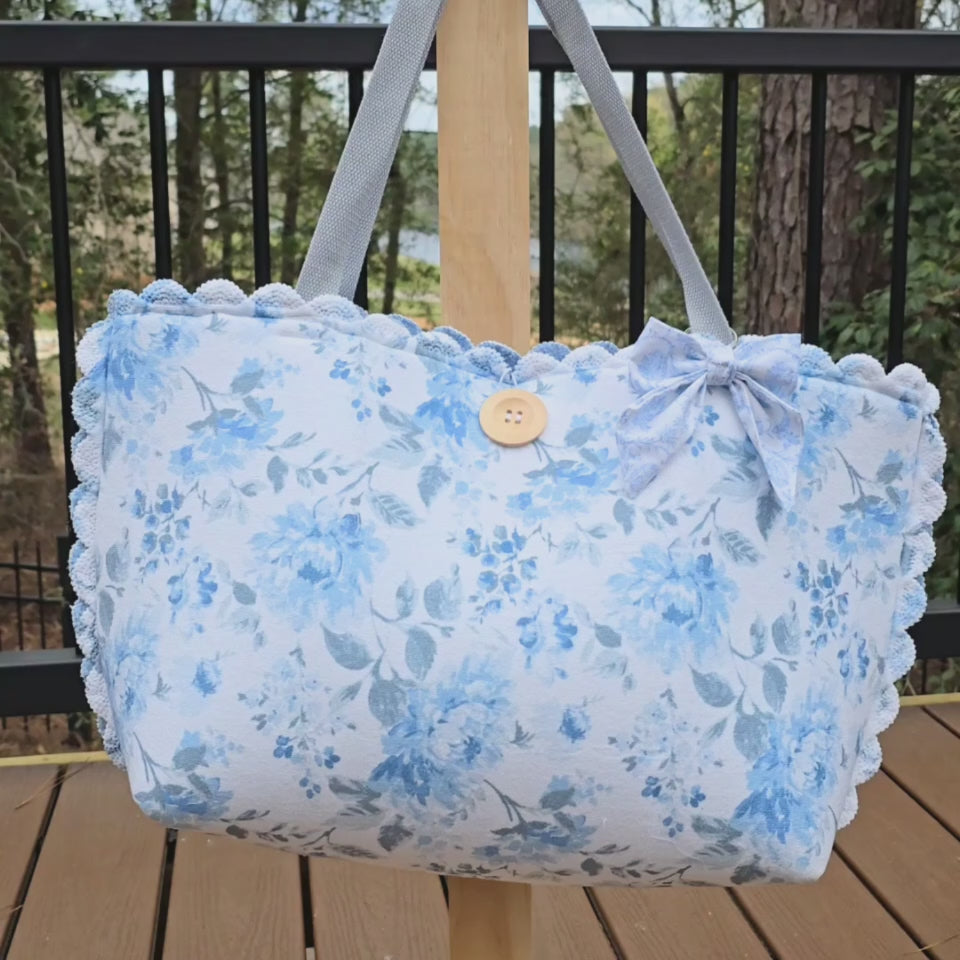 Blue Floral Tote Bag, Cottagecore Shoulder Bag, Handmade Fabric Tote, Vintage Inspired Floral Purse, Romantic Boho Bag, Everyday Market Bag