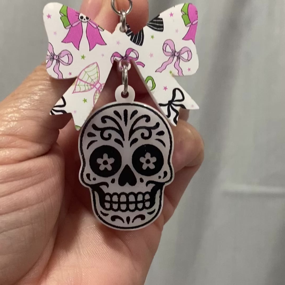 Sugar Skull Bow Halloween Earrings by Poor Hog Customs, handmade jewelry detail photo 2