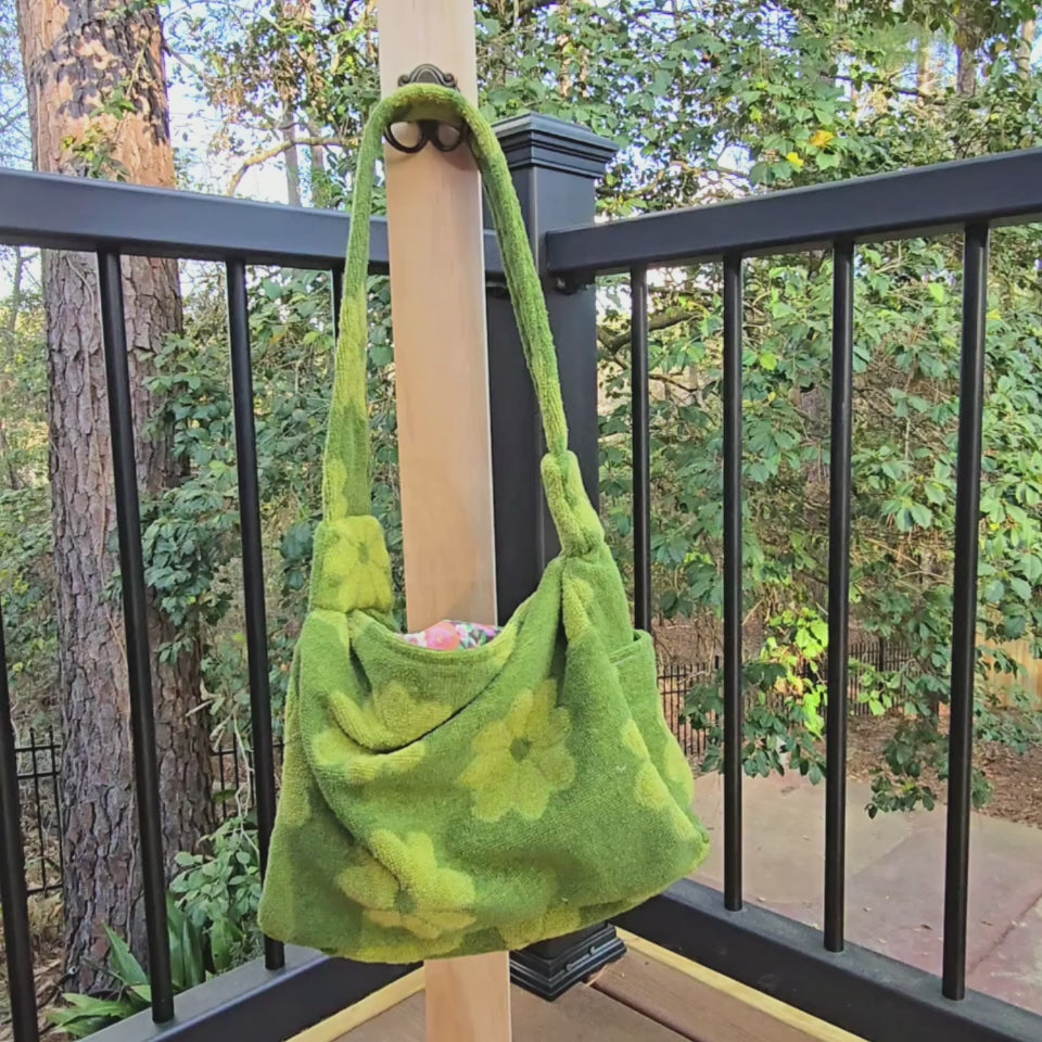 Upcycled Vintage Towel Bag, Handmade Terry Cloth Shoulder Bag, Retro Floral Slouchy Tote, Sustainable Cottagecore Purse Unique One of a Kind