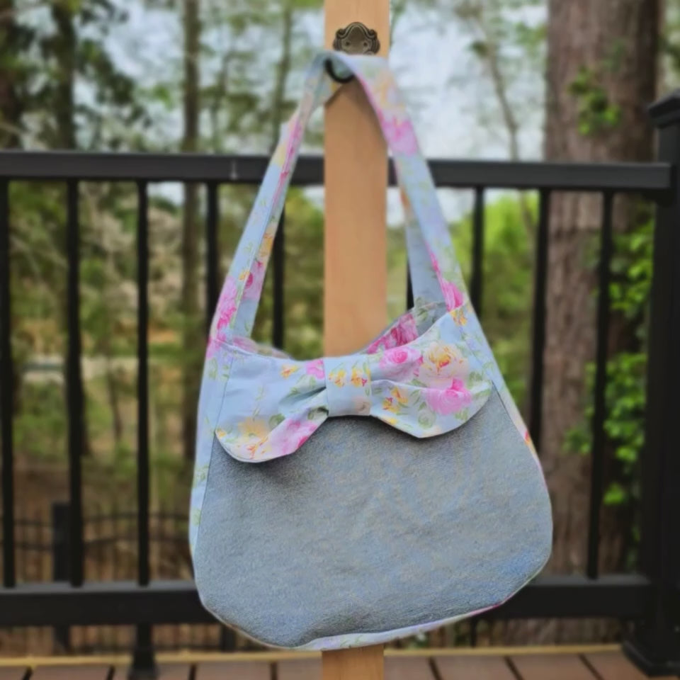 Upcycled Denim Shoulder Bag with Floral Bow, Handmade Denim Purse, Small Hobo Bag
