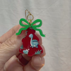 Dinosaur Christmas Tree Earrings by Poor Hog Customs, handmade jewelry detail photo 2