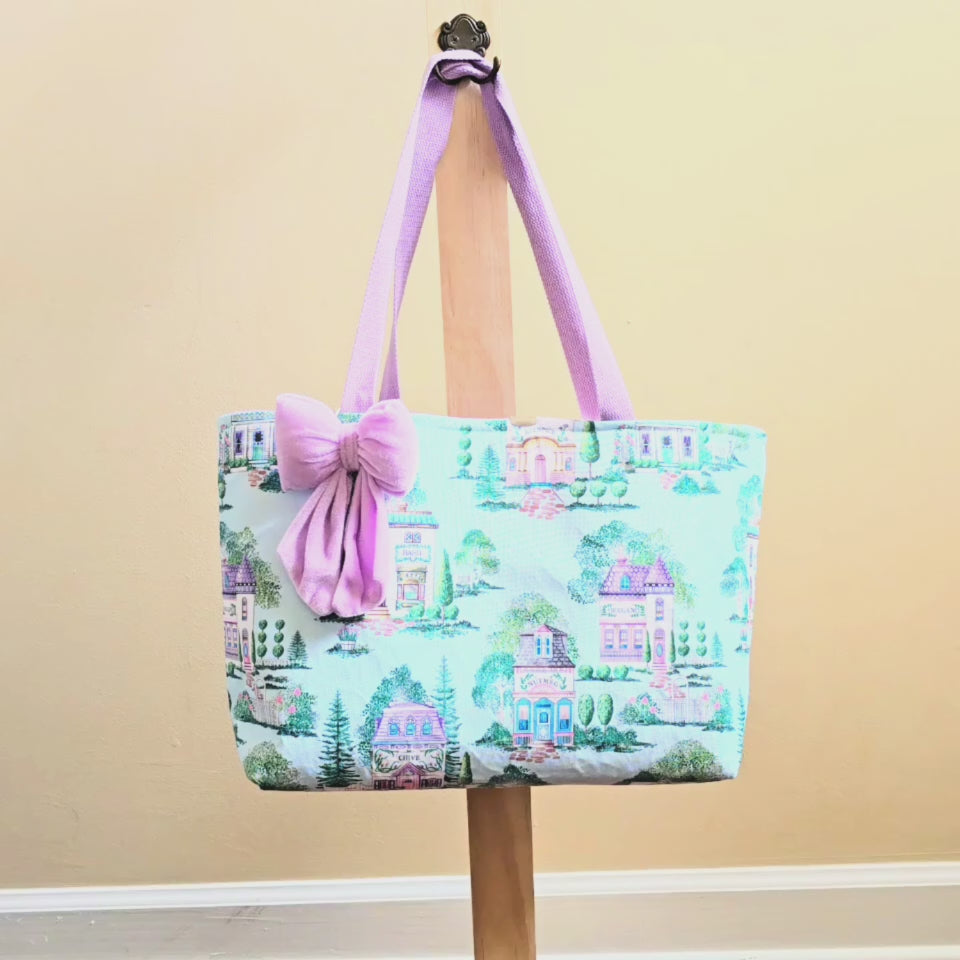 Lenox Spice Village Tote Bag, Handmade Cottagecore Tote with Bow, Vintage Kitchen Aesthetic Bag, One of a Kind Spice Village Market Bag