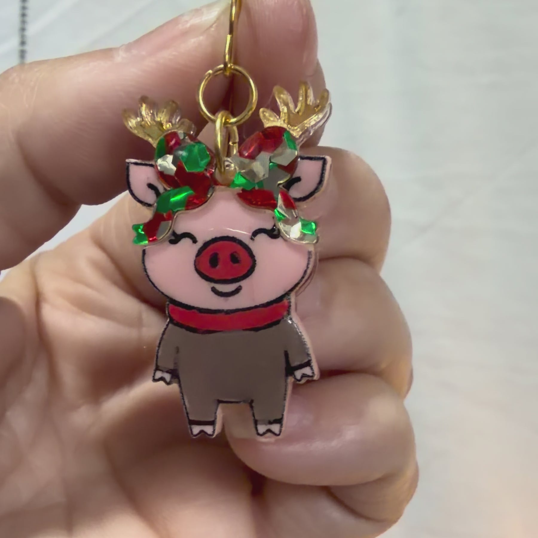 Reindeer Pig Christmas Earrings by Poor Hog Customs, handmade jewelry detail photo 2