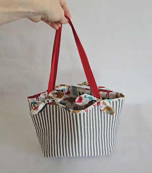 Large Handmade Tote Bag – Black and White Striped Market Tote with Red Straps, Reusable Everyday Shoulder Bag for Women by Maypop House Designs, handmade leather goods detail