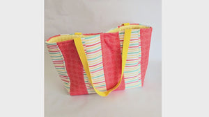 Handmade Terry Cloth Beach Tote – Striped Pool Bag with Yellow Straps by Maypop House Designs, handmade leather goods main product photo