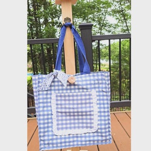Handmade Blue Gingham Tote Bag with Pockets & Floral Lining