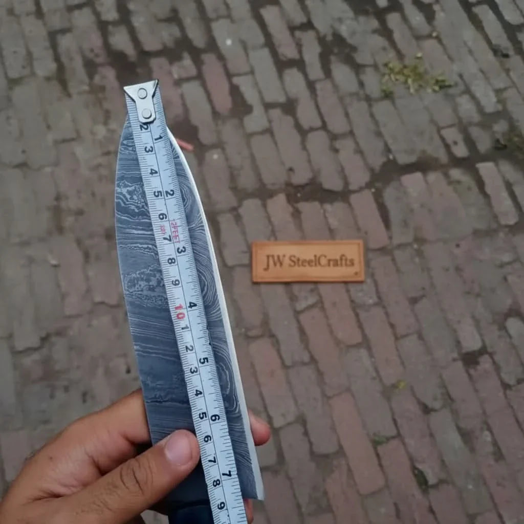8-Inch Gyuto Chef Knife Twisted Damascus Blade with Blue & Red Pakka Wood Handle (Full Tang, Hand-Forged) by JW SteelCrafts, Damascus knife detail photo 2