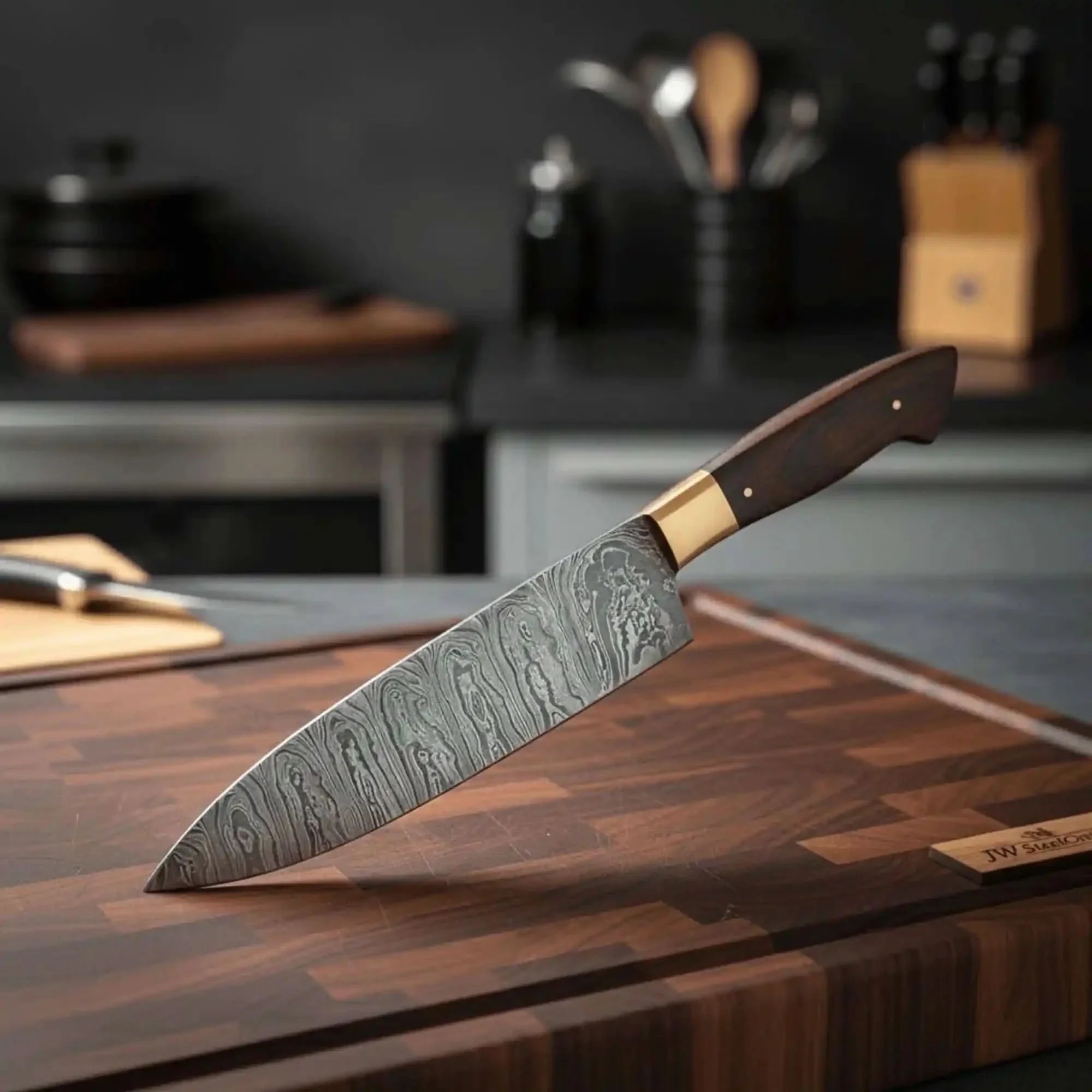 Gyuto Chef Knife 8" Rosewood Handle – Twisted Damascus Steel Blade by JW SteelCrafts, Damascus knife detail photo 2