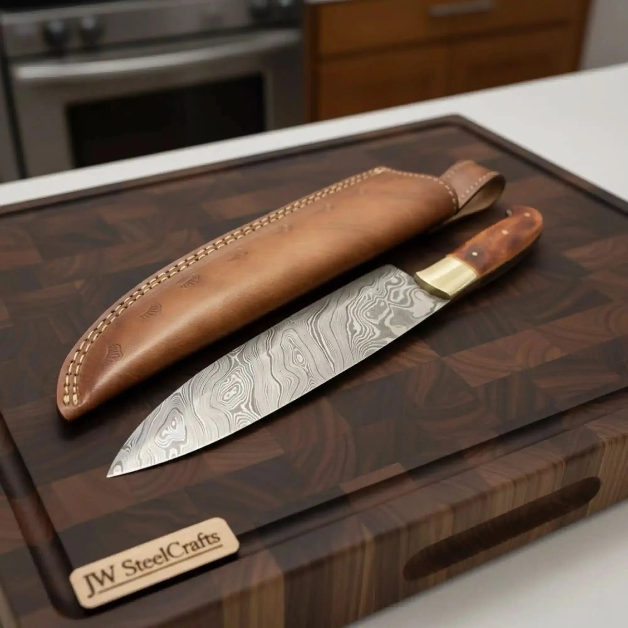 14-Inch Handmade Damascus Chef Knife – Brown Handle & Brass Bolster | Layered Damascus Blade | Hand-Stitched Leather Sheath Included by JW SteelCrafts, leather knife sheath main