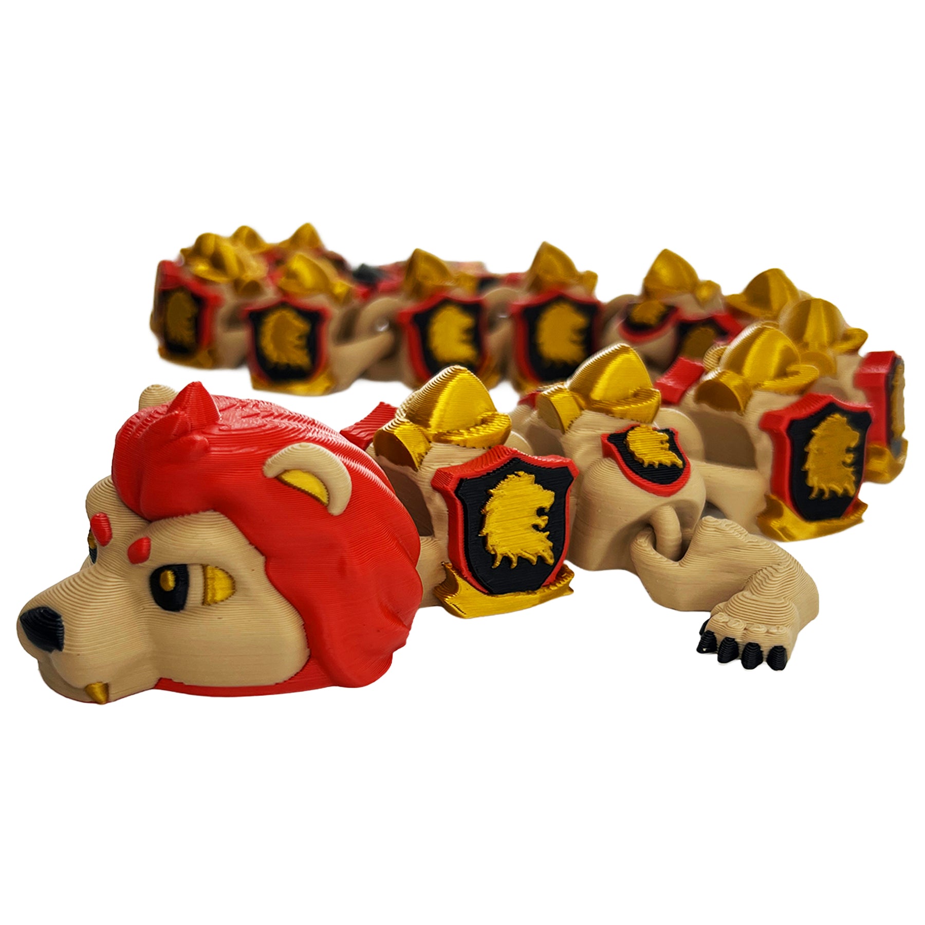 Close-up of Professor Lion Dragon articulated 3D printed toy with red mane, gold eyes, and shield armor
