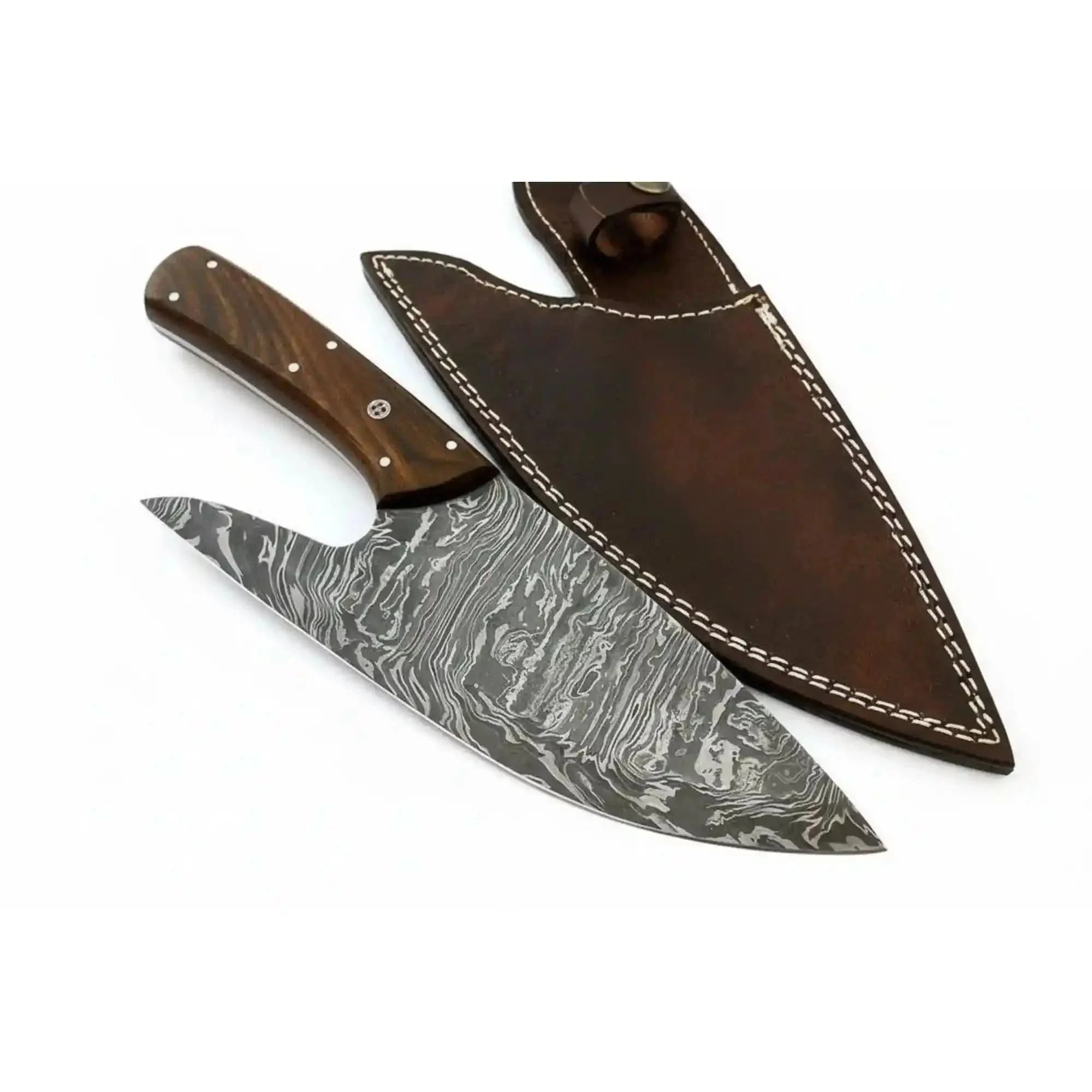 Handmade Fire Pattern Damascus Camp Utility Knife – 12” Fixed Blade with Rosewood Handle & Leather Sheath by JW SteelCrafts, leather knife sheath main product photo