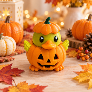 Pumpkin duck figurine styled with pumpkins and autumn leaves