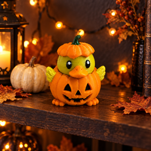 Pumpkin duck figurine styled on a cozy Halloween shelf