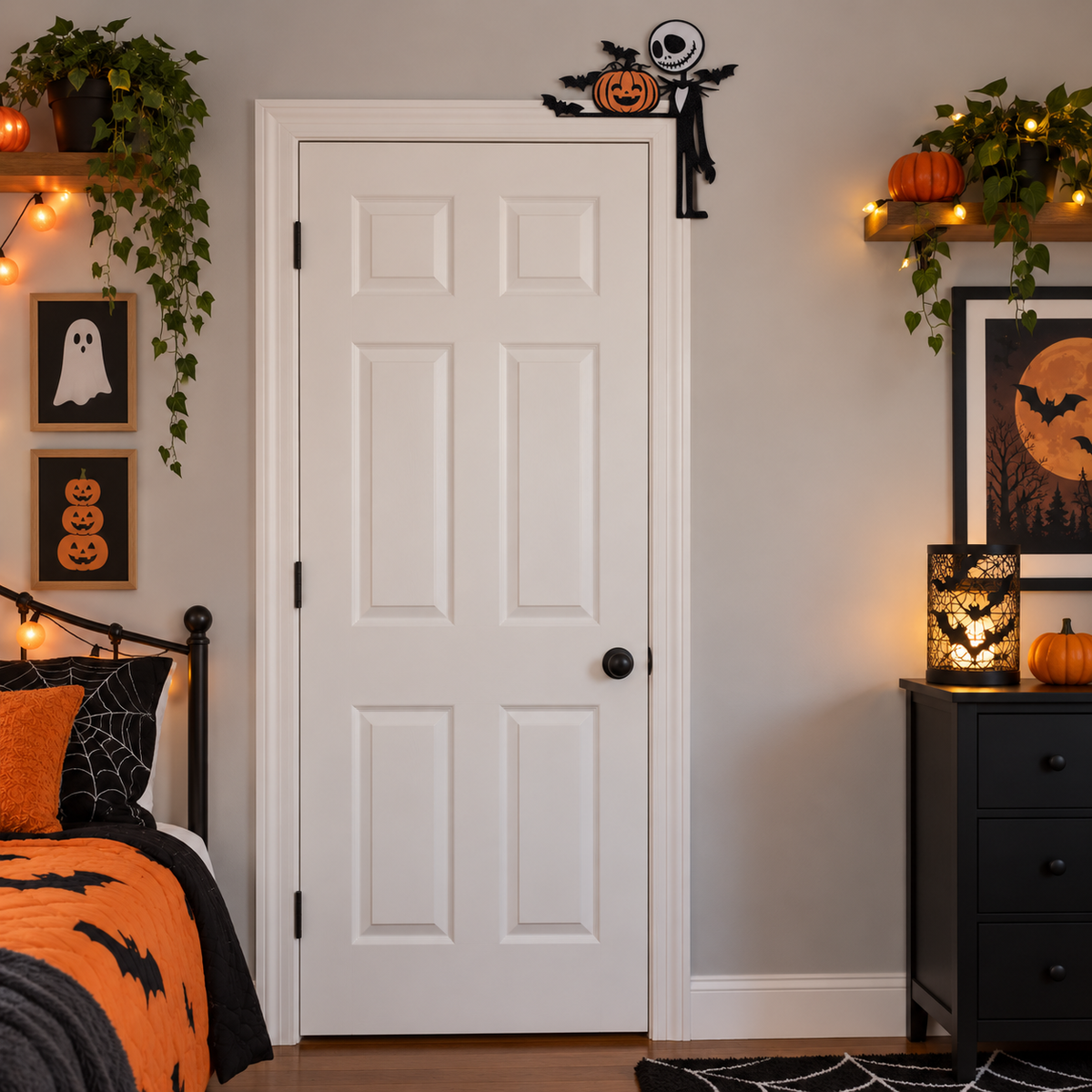 Smiling skeleton and pumpkin Halloween door topper shown on a full door