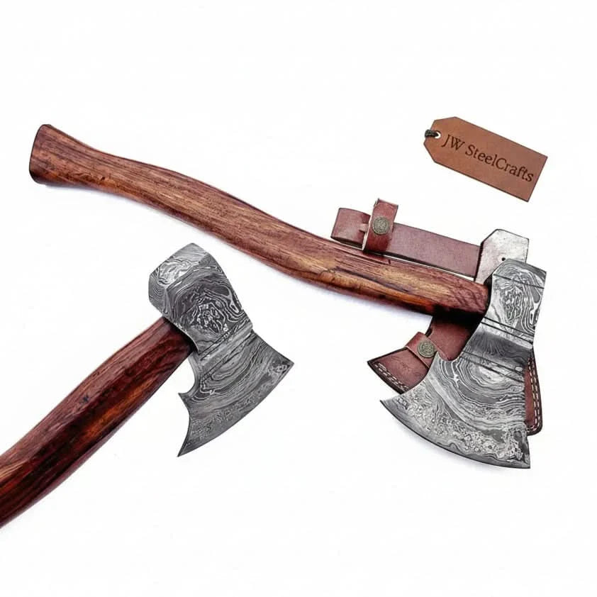 Hand Forged Damascus Viking Bearded Axe, 22 Inch Skeggøx Norse Working Axe with Hardwood Handle and Leather Sheath | JW SteelCrafts by JW SteelCrafts, leather knife sheath main