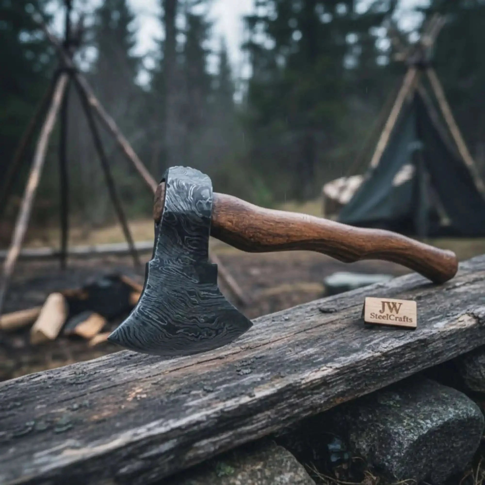 Handcrafted Damascus Utility Hatchet – Bearded Blade Style, Solid Wood Handle, Sheath Included by JW SteelCrafts, leather knife sheath detail photo 2