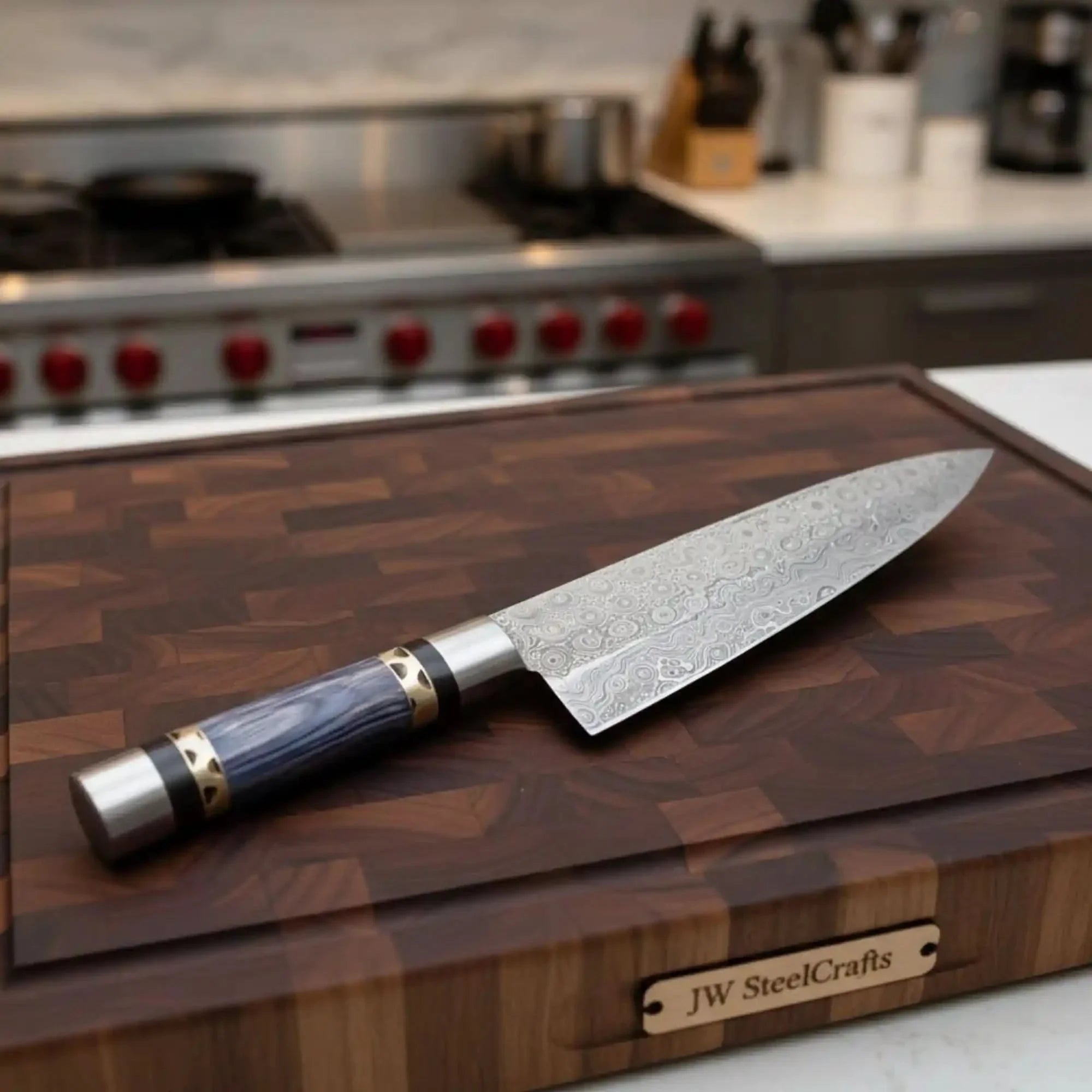 11" Raindrop Damascus Chef Knife — 6" Blade, Purple Pakka Wood Handle with Brass Spacer & Steel Pommel by JW SteelCrafts, Damascus knife main product photo
