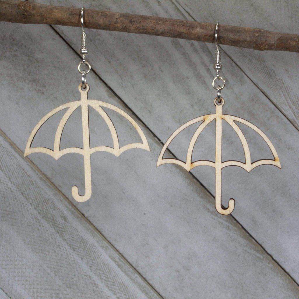 Rainy Day Umbrella Wooden Dangle Earrings | Weather Jewelry detail view by Cate's Concepts, LLC