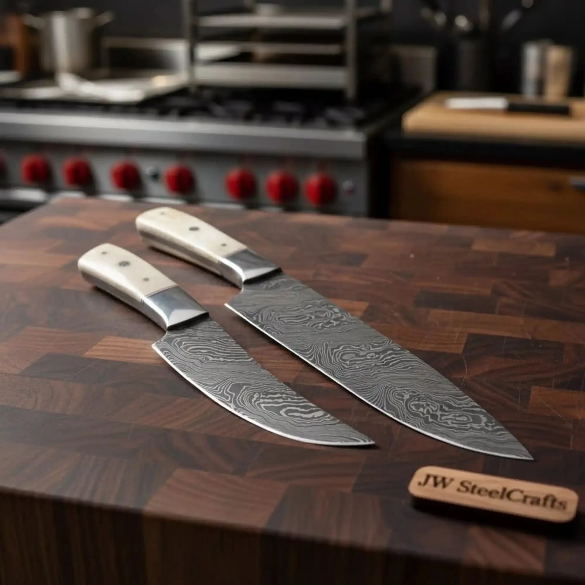 2-Piece Damascus Chef Knife Set — 10 & 8 Inch Wave Pattern Blades, White Camel Bone Handles & Steel Bolsters | JW Steel Crafts by JW SteelCrafts, Damascus knife detail photo 2