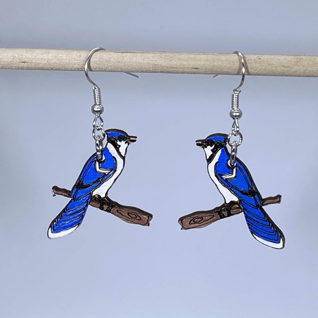 Blue Jay Wooden Dangle Earrings | Realistic Bird Jewelry