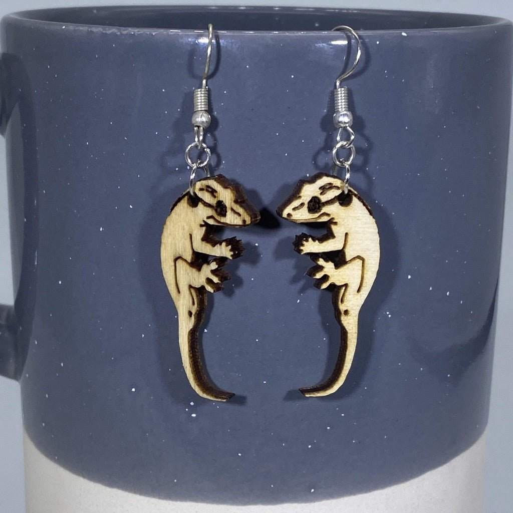 Crested Gecko Wooden Dangle Earrings | Realistic Lizard Jewelry