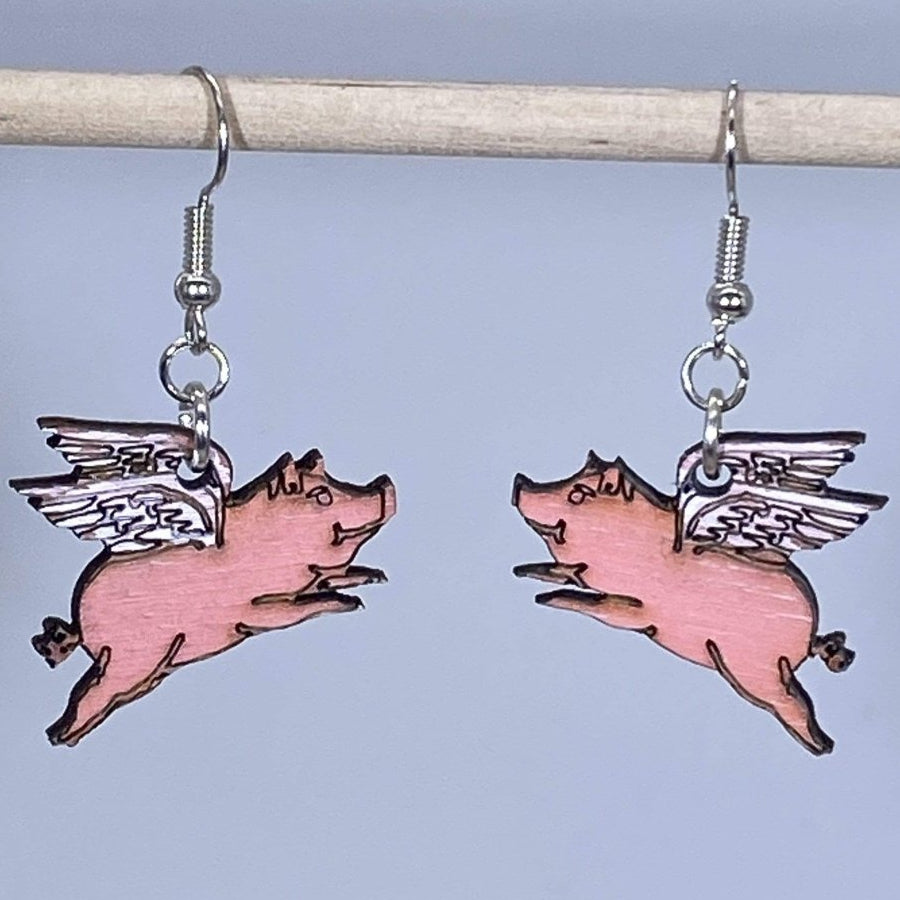Flying Pig Wooden Dangle Earrings | Realistic Animal Jewelry by Cate's Concepts, LLC, handmade jewelry detail photo 2