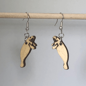 Manatee Wooden Dangle Earrings | Realistic Sea Life Jewelry