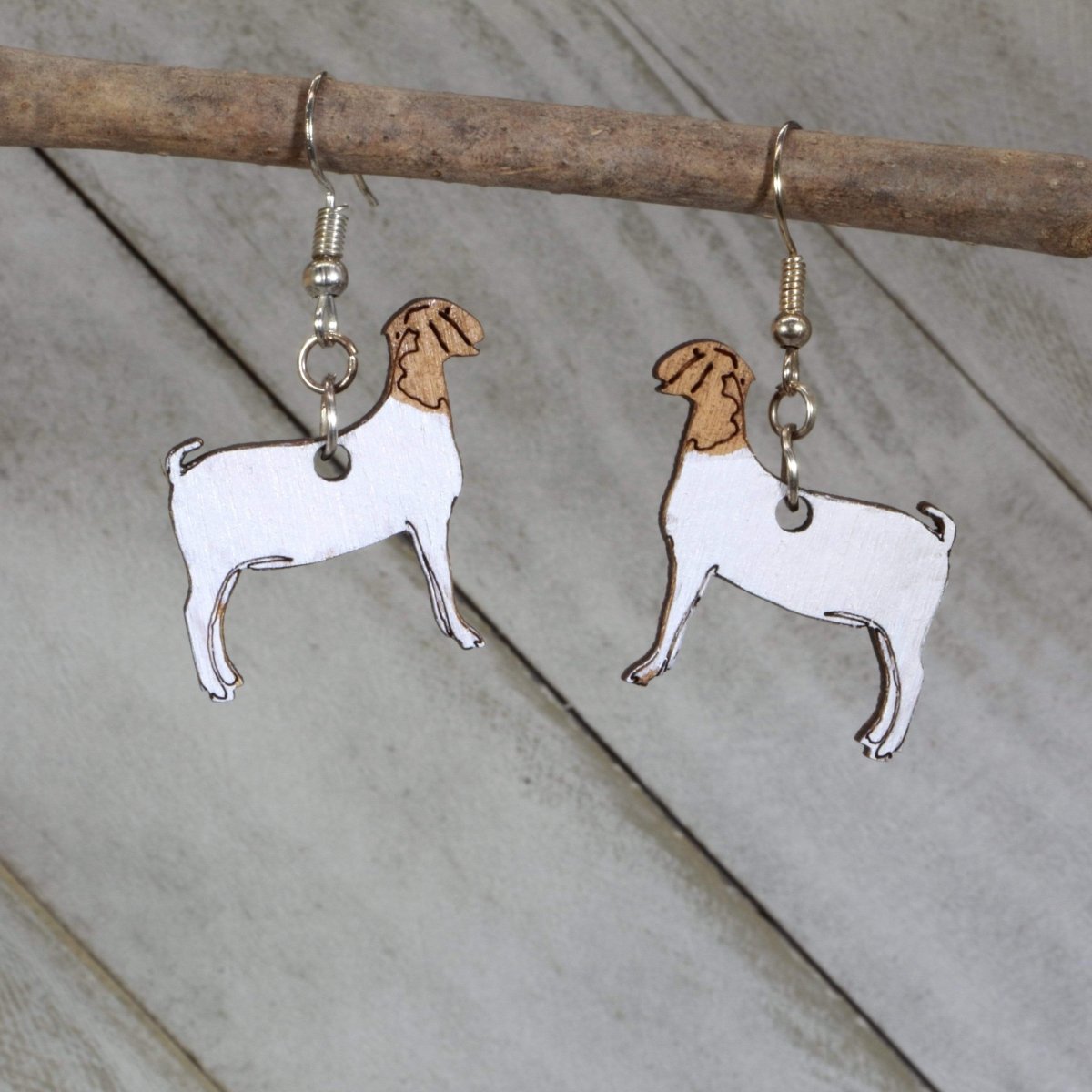 Realistic Show Goat Wooden Dangle Earrings | Farm Animal Jewelry by Cate's Concepts, LLC, handmade jewelry main product photo