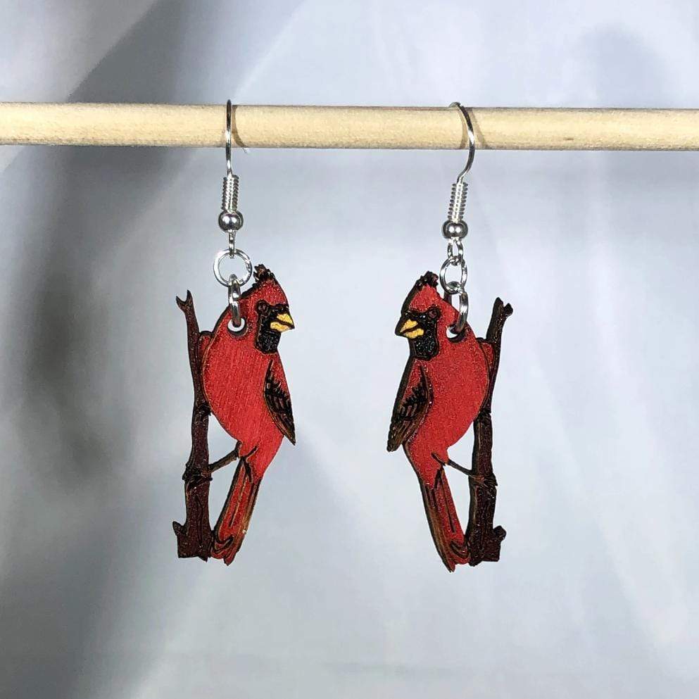 Red Cardinal Wooden Dangle Earrings | Bird Jewelry