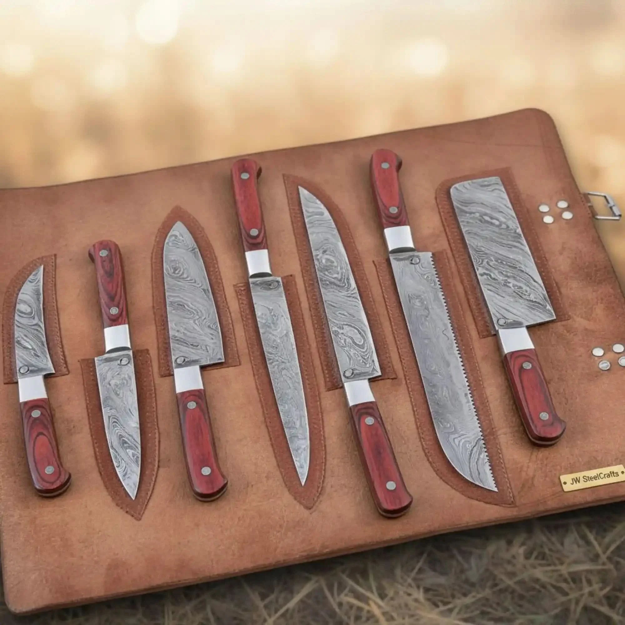 Hammer-Forged Damascus Chef & Utility Knife Set in Leather Roll – Red Pakka Wood Handles, Full Tang by JW SteelCrafts, Damascus knife main product photo