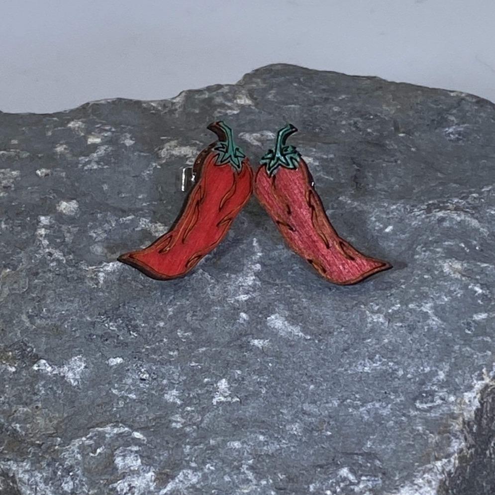 Red Chili Pepper Earrings Wooden | Spicy Food Jewelry by Cate's Concepts, LLC, Southern food gift detail photo 2