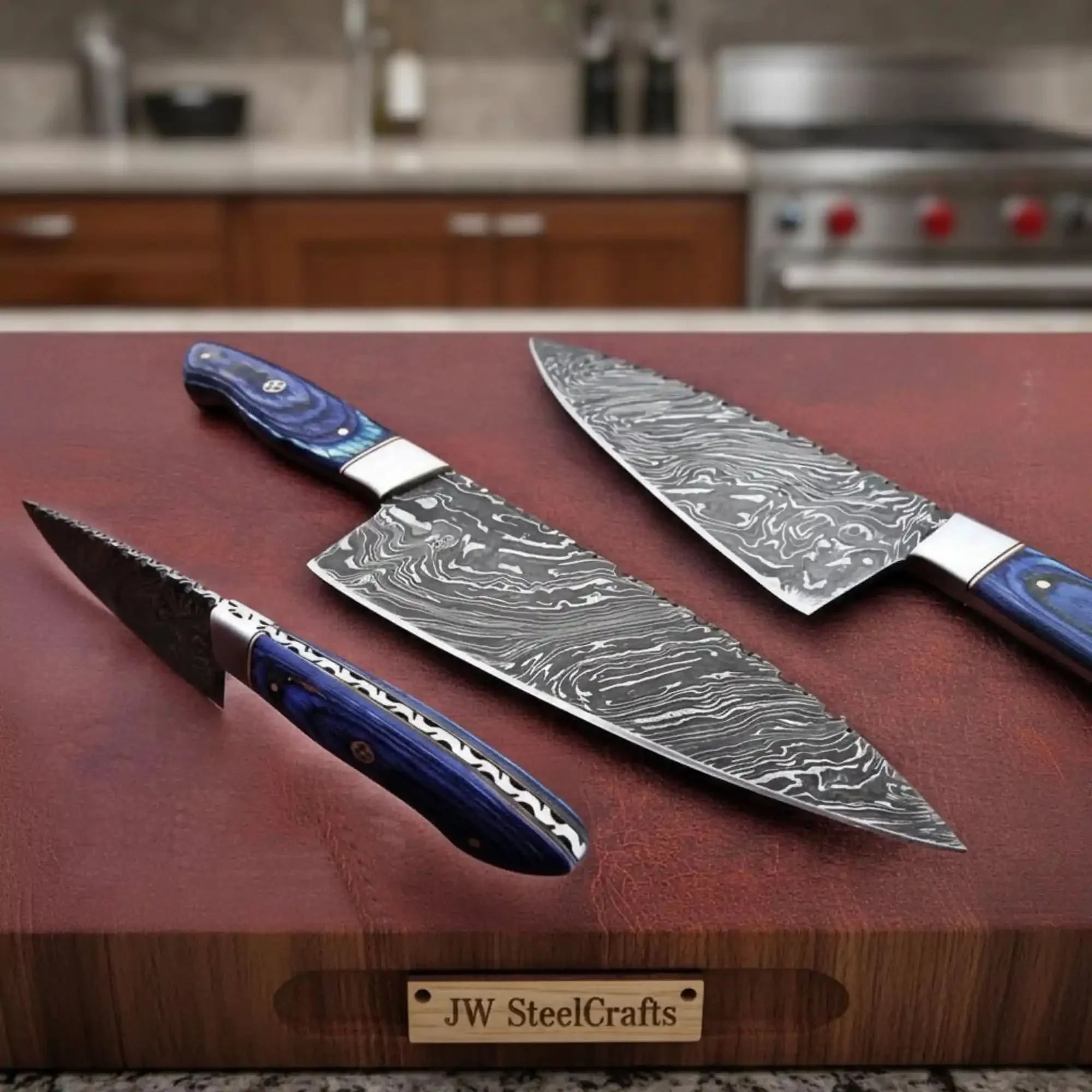 Hand-forged Fire Damascus Full-Tang Kitchen Knife – Blue Pakka Wood by JW SteelCrafts, Damascus knife main product photo