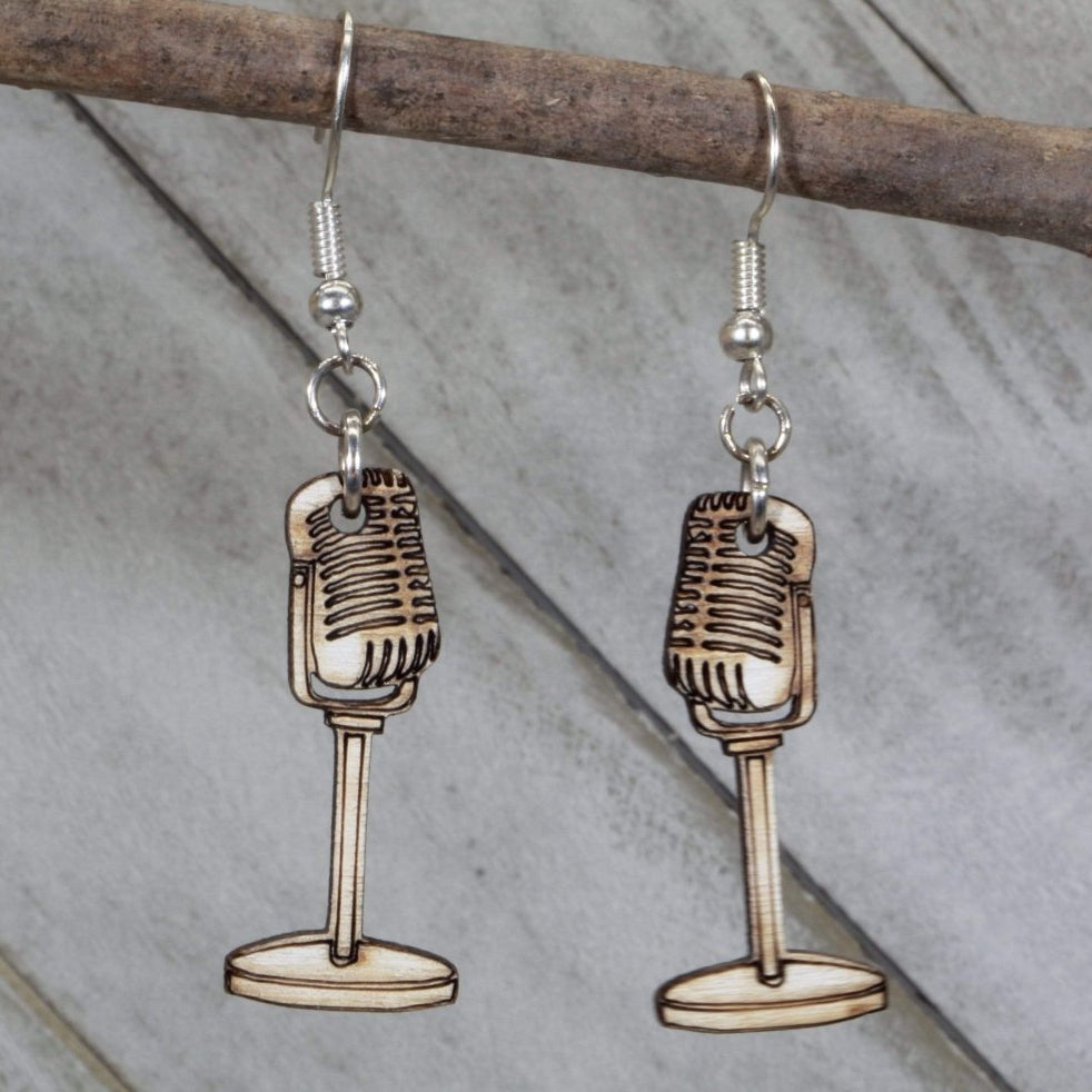 Retro Microphone Wooden Dangle Earrings | Music Jewelry